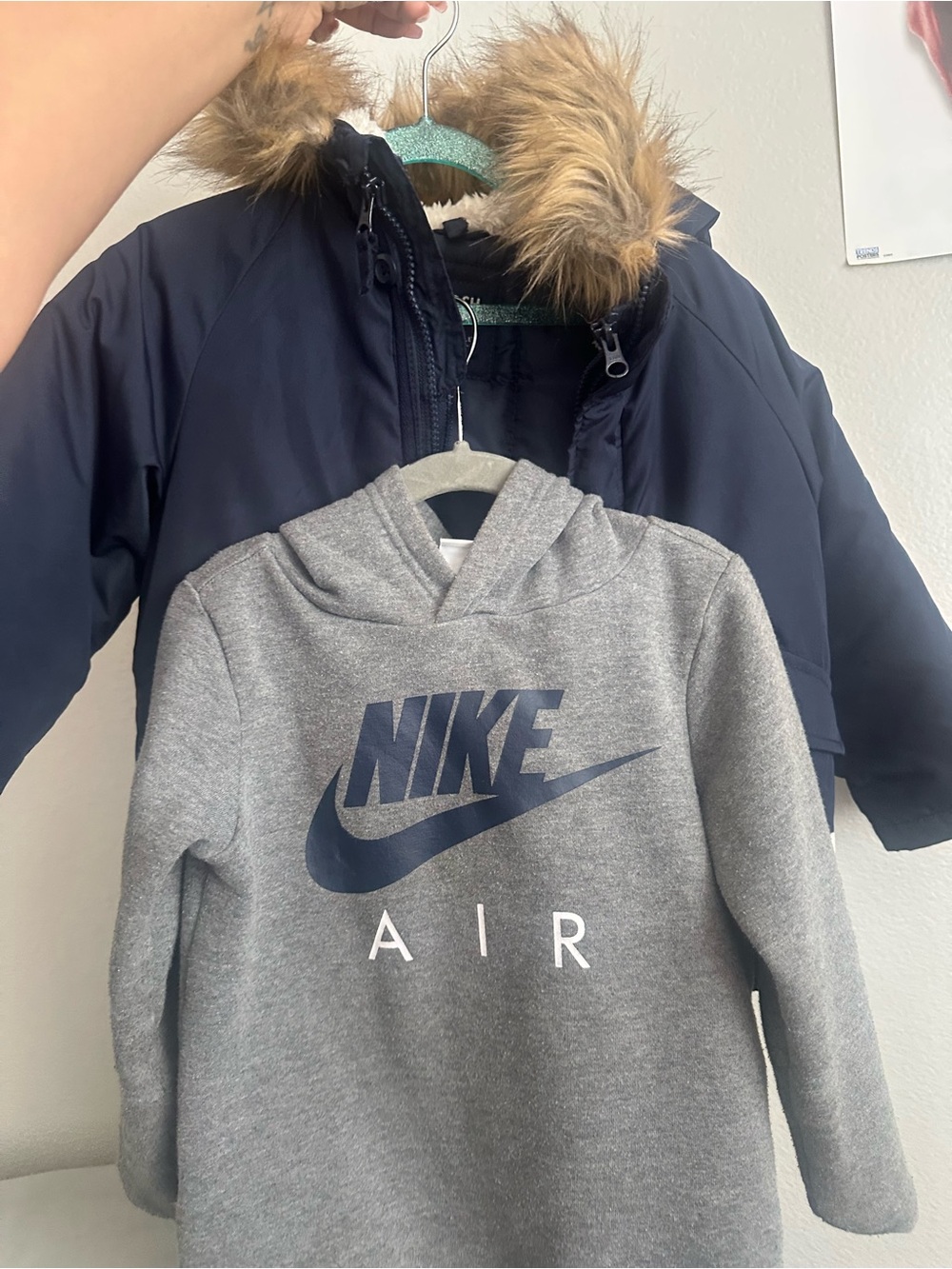 Bundle of Nike Kids Gray Hoodie and Navy OshKosh jacket.